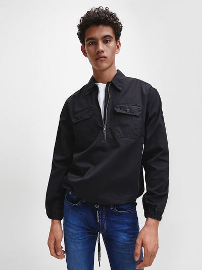 Calvin Klein Ruhák HU438705 | Calvin Klein Relaxed Organic Cotton Zip Neck Férfi Ing Fekete